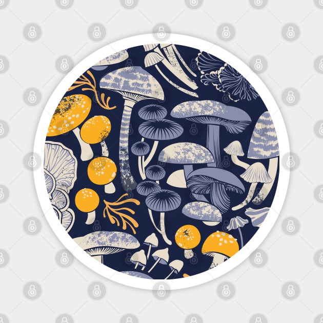 Mystical fungi // midnight blue background ivory pale blue and yellow wild mushrooms Magnet by SelmaCardoso